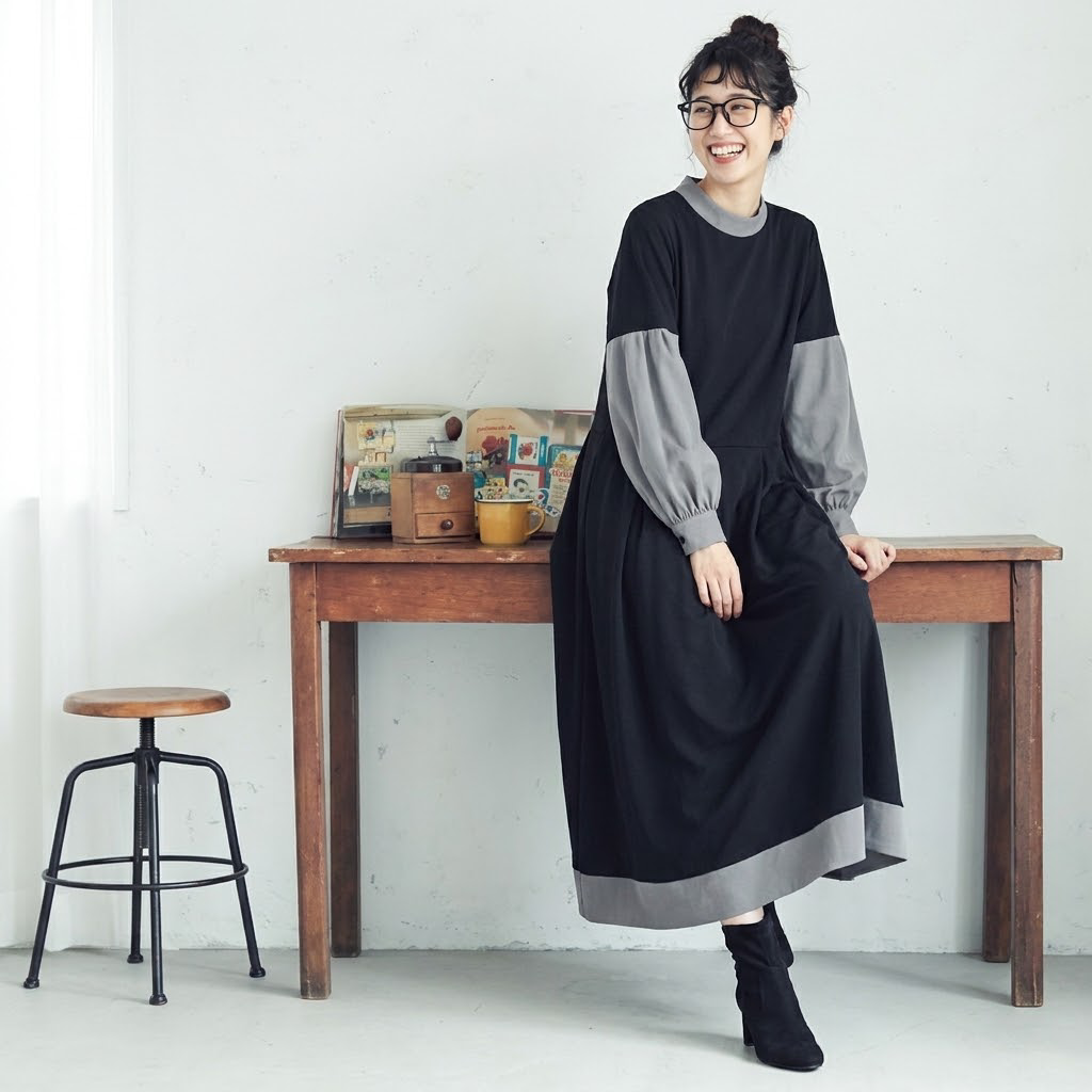S-Lトレンドを先取り♪ 配色 長袖 Aライン 切り替え カジュアル ワンピース S ブラック