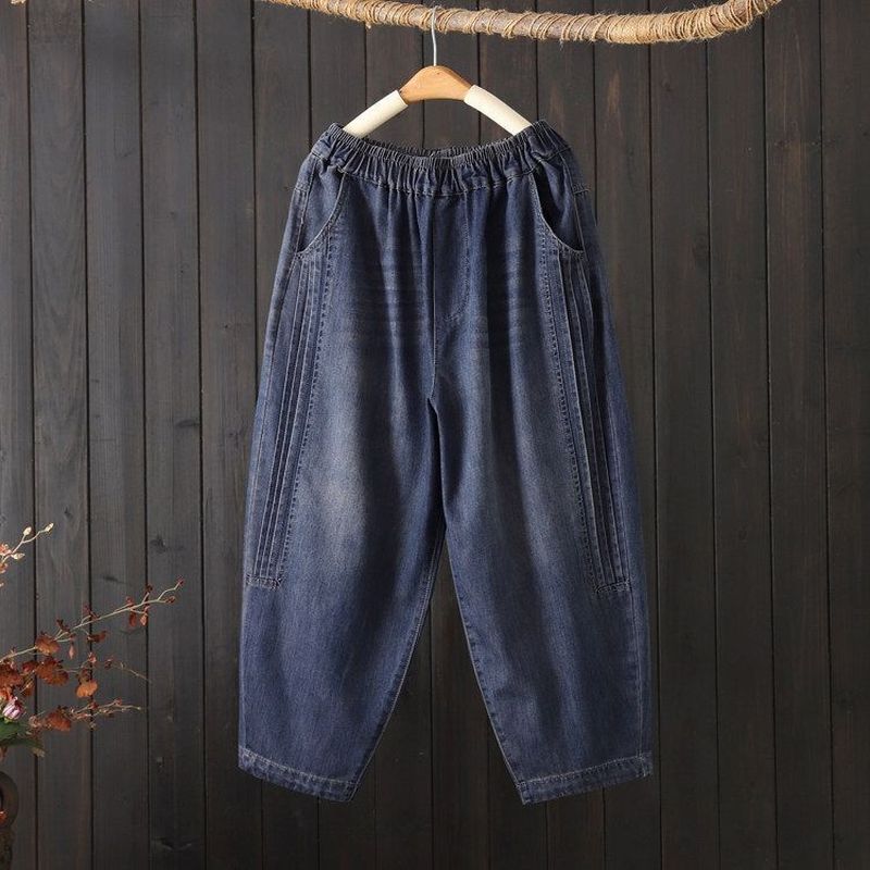 M-3XL アンクル丈（9分丈） ハイウエスト シンプル ジーンズ M ヴィンテージブルー