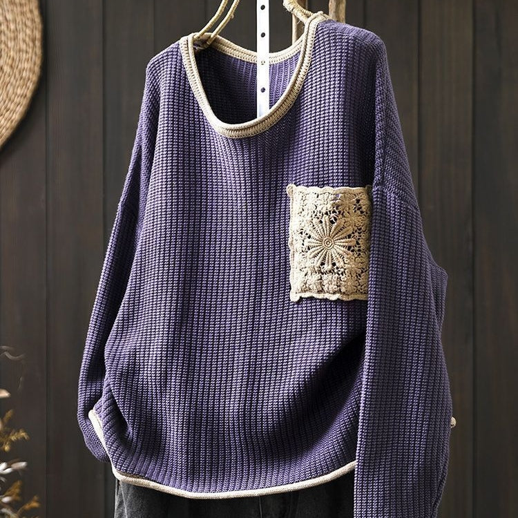 S-3XL ほんのり甘い花柄かぎ針ニット S ブラック