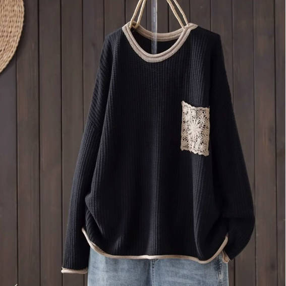 S-3XL ほんのり甘い花柄かぎ針ニット S ブラック