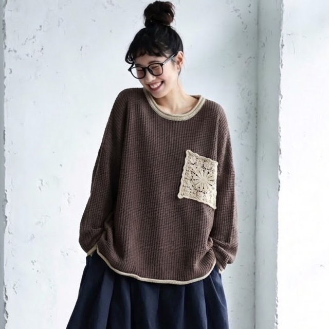 S-3XL ほんのり甘い花柄かぎ針ニット 3XL コーヒー