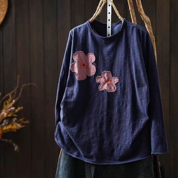 新品殺到 花模様 切り替え 森ガール ラウンドネック 長袖 Tシャツ フリー モーヴ