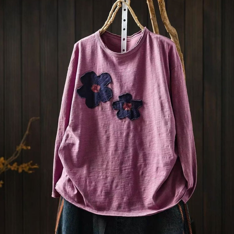 新品殺到 花模様 切り替え 森ガール ラウンドネック 長袖 Tシャツ フリー モーヴ