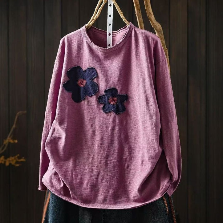 新品殺到 花模様 切り替え 森ガール ラウンドネック 長袖 Tシャツ フリー モーヴ