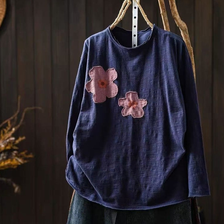 新品殺到 花模様 切り替え 森ガール ラウンドネック 長袖 Tシャツ フリー ダークブルー