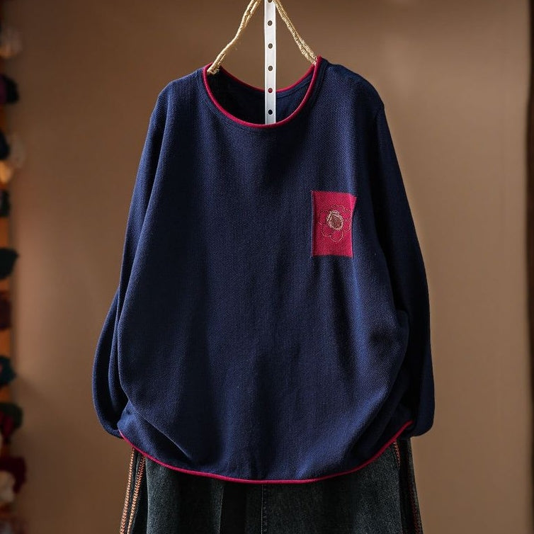 売り切れ必至 レトロ 刺繍 長袖 ラウンドネック ニットセーター フリー グリーン