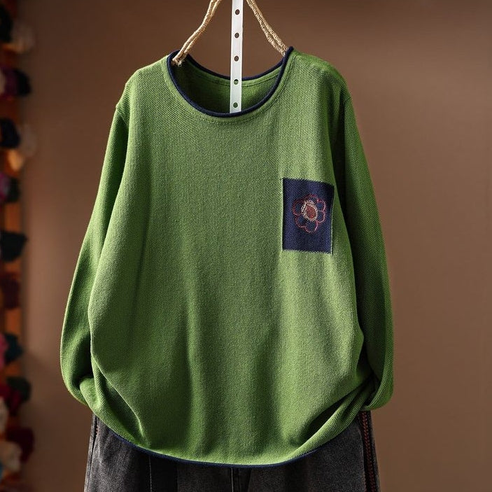 売り切れ必至 レトロ 刺繍 長袖 ラウンドネック ニットセーター フリー グリーン