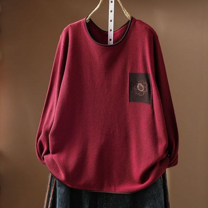 売り切れ必至 レトロ 刺繍 長袖 ラウンドネック ニットセーター フリー レッド