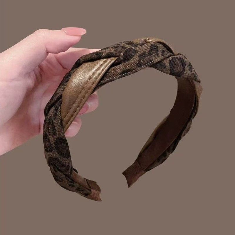 フリーサイズ ヒョウ柄 編み込みデザイン 高トップ 着回し ヘッドバンド フリー ブラウン