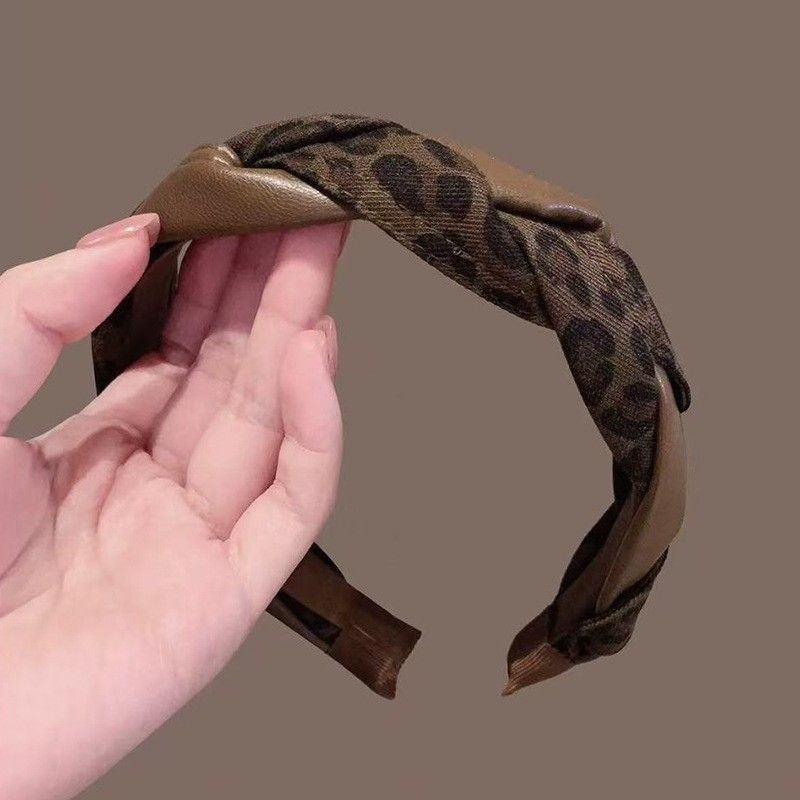 フリーサイズ ヒョウ柄 編み込みデザイン 高トップ 着回し ヘッドバンド フリー ブラウン
