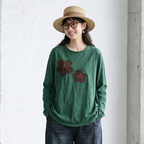 新品殺到 花模様 切り替え 森ガール ラウンドネック 長袖 Tシャツ フリー モーヴ