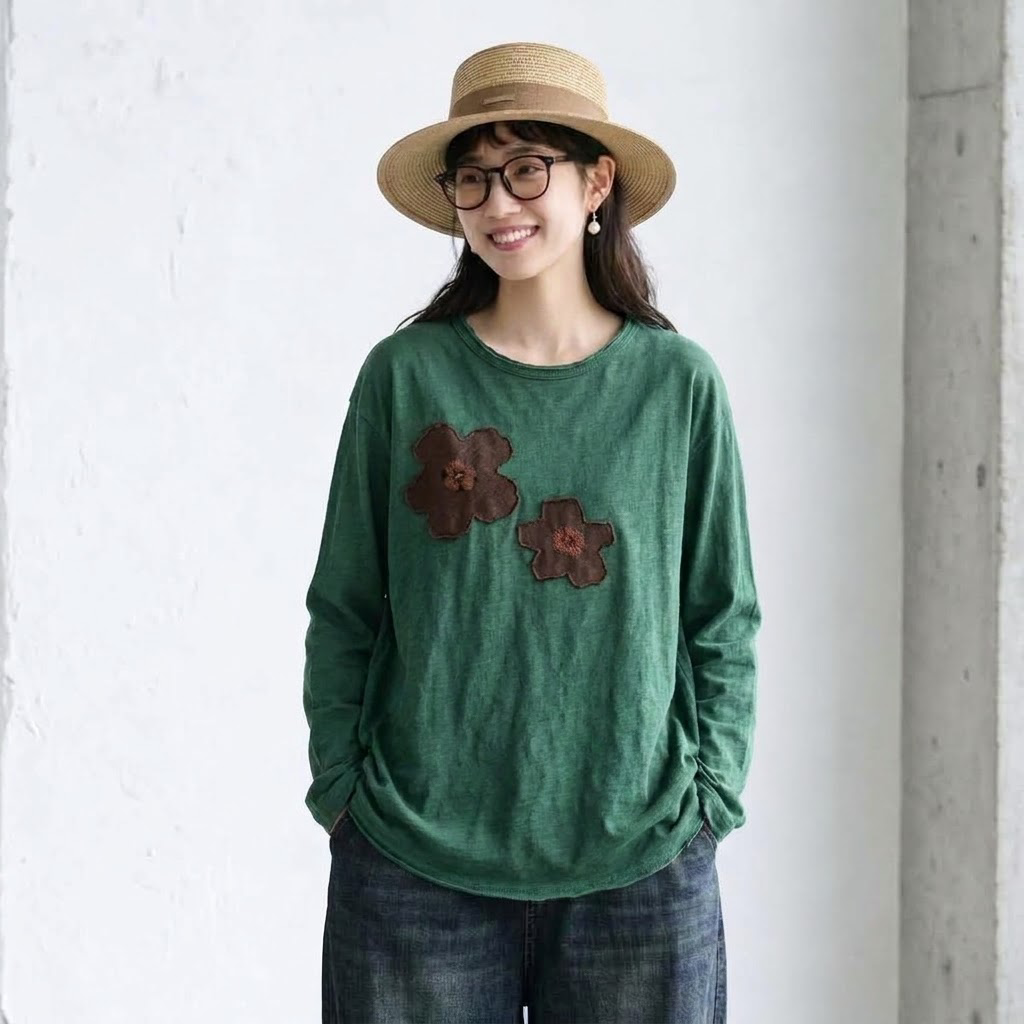 新品殺到 花模様 切り替え 森ガール ラウンドネック 長袖 Tシャツ フリー モーヴ
