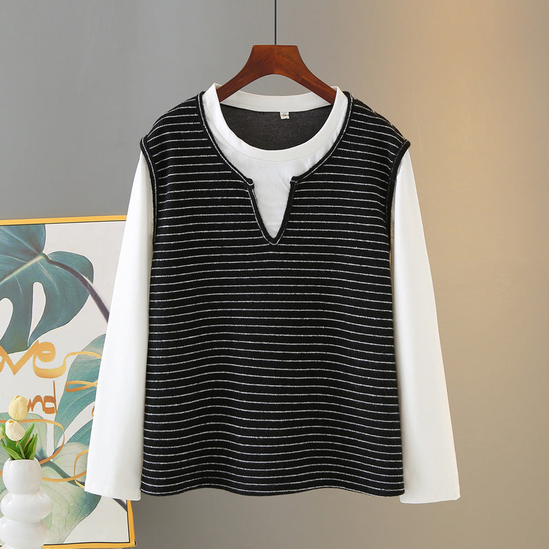 M-3XL ボーダー キーネック セット風デザイン 切り替え袖 ゆとりのある Tシャツ M ダークグレー