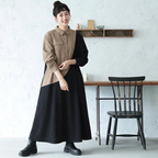 配色 ファッション 長袖 折り襟 Aライン カジュアルワンピース フリー 写真通り