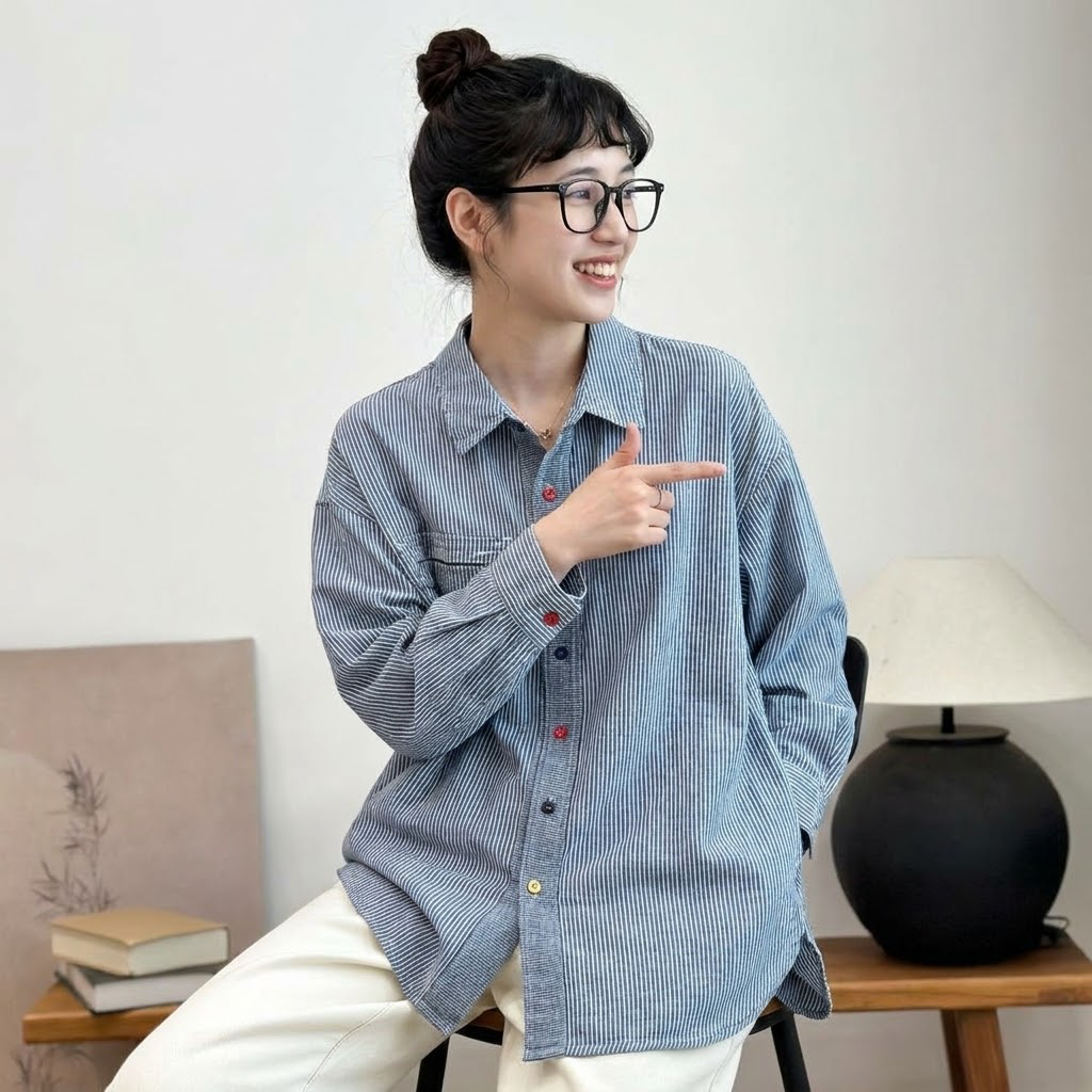 新発売！折り襟 シングルブレスト レトロ ストライプ柄 スリム効果 長袖 シャツ フリー ブルー