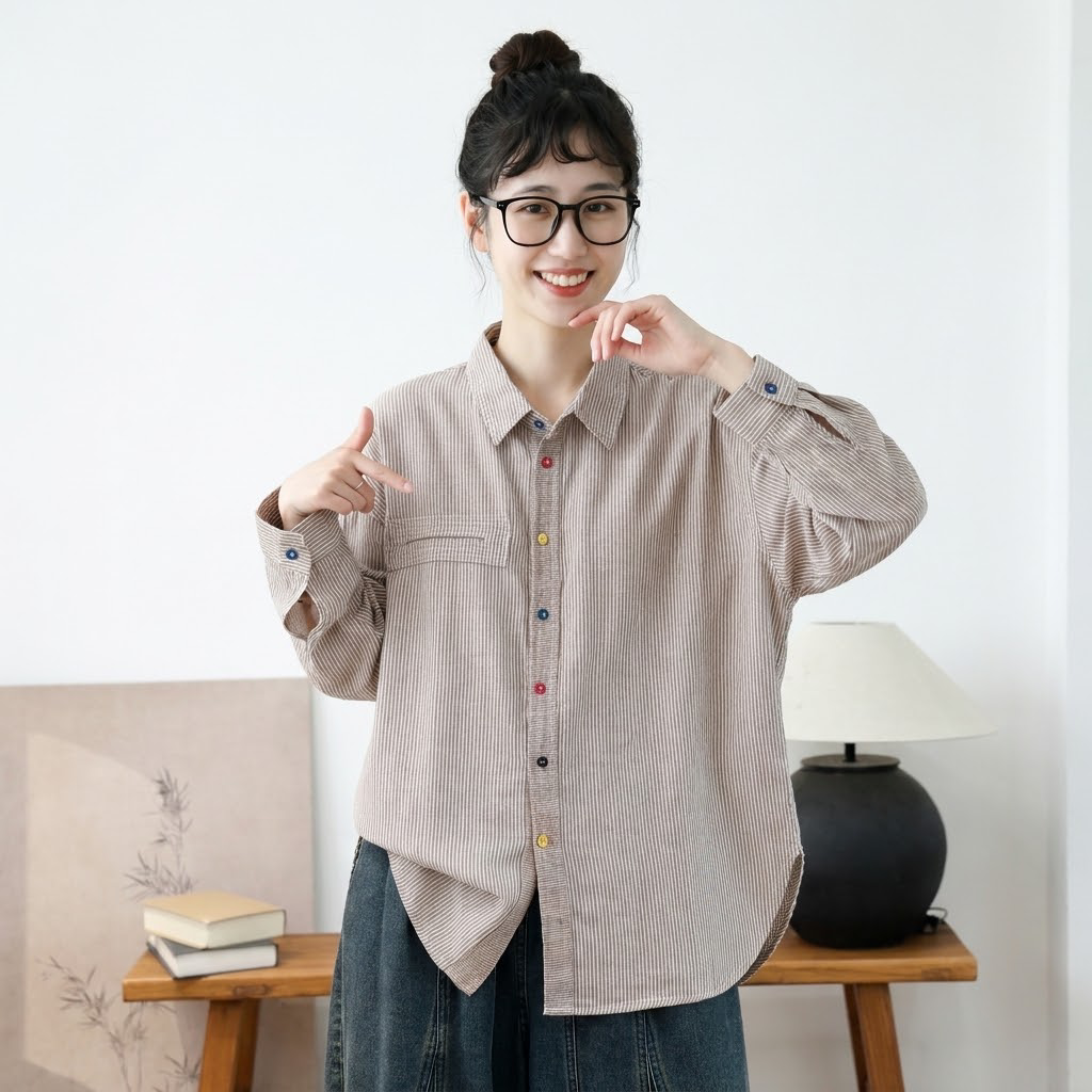 新発売！折り襟 シングルブレスト レトロ ストライプ柄 スリム効果 長袖 シャツ フリー ブルー