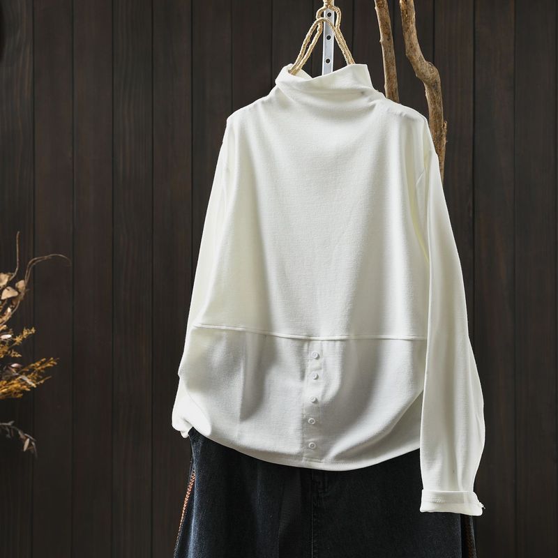 L-5XL ハーフネック バックボタン ルーズ レトロ 長袖 Ｔシャツ L コーヒー