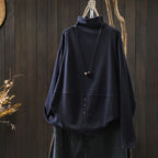 L-5XL ハーフネック バックボタン ルーズ レトロ 長袖 Ｔシャツ L コーヒー
