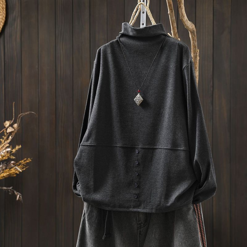 L-5XL ハーフネック バックボタン ルーズ レトロ 長袖 Ｔシャツ L コーヒー