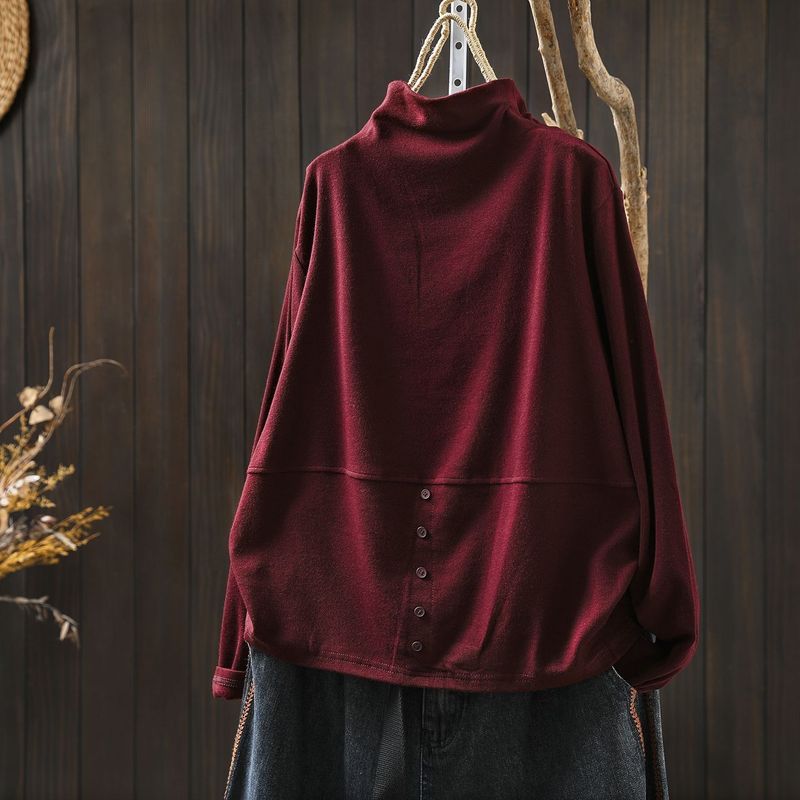 L-5XL ハーフネック バックボタン ルーズ レトロ 長袖 Ｔシャツ L コーヒー