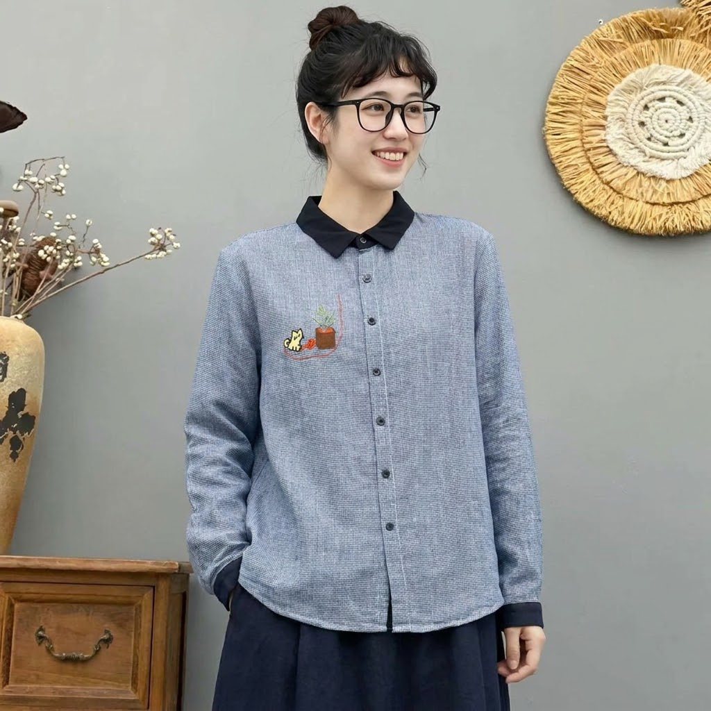 M-L 大流行新作 千鳥格子 配色 刺繍 森ガール シングルブレスト 長袖 シャツ M レッド