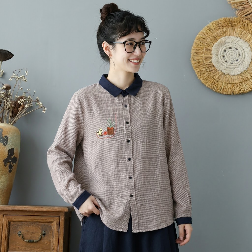 M-L 大流行新作 千鳥格子 配色 刺繍 森ガール シングルブレスト 長袖 シャツ M レッド