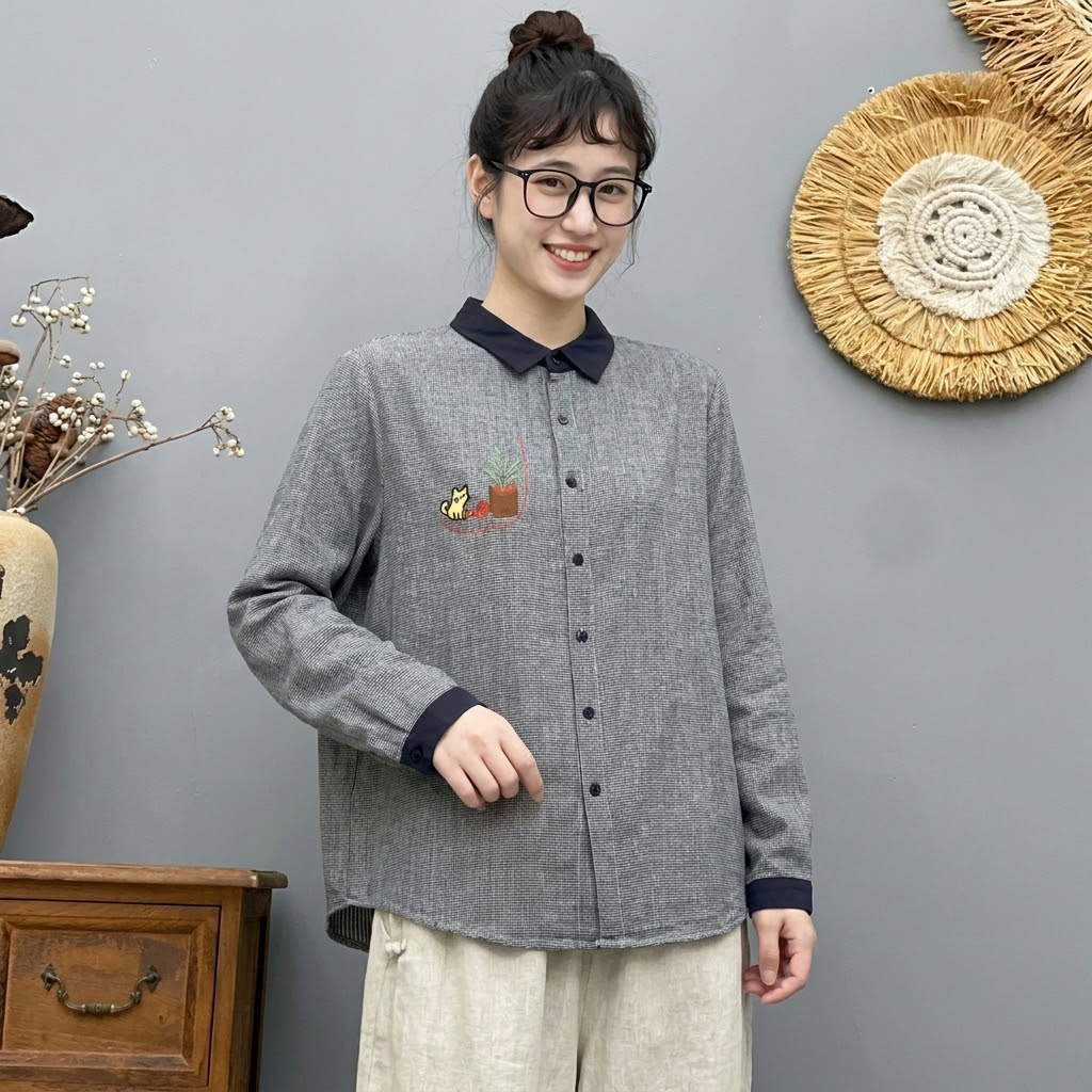 M-L 大流行新作 千鳥格子 配色 刺繍 森ガール シングルブレスト 長袖 シャツ M レッド