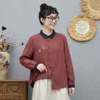 M-L 大流行新作 千鳥格子 配色 刺繍 森ガール シングルブレスト 長袖 シャツ M レッド