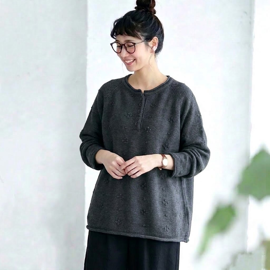 コーディネート自在 ボタン 長袖 森ガール ニットセーター フリー アプリコット