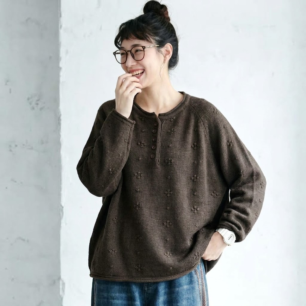 コーディネート自在 ボタン 長袖 森ガール ニットセーター フリー アプリコット