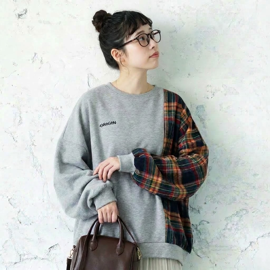 M-2XL チェック切り替えの丸首スウェット M グレー