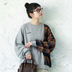 M-2XL チェック切り替えの丸首スウェット M グレー