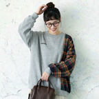 M-2XL チェック切り替えの丸首スウェット M グレー