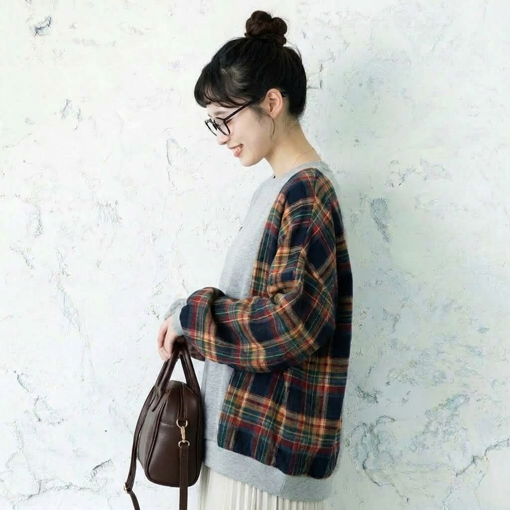 M-2XL チェック切り替えの丸首スウェット M グレー