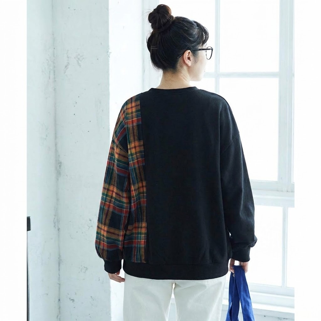 M-2XL チェック切り替えの丸首スウェット M グレー