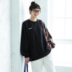 M-2XL チェック切り替えの丸首スウェット M グレー