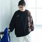 M-2XL チェック切り替えの丸首スウェット M グレー