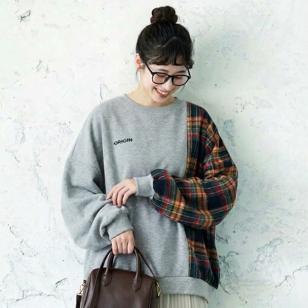 M-2XL チェック切り替えの丸首スウェット 2XL グレー