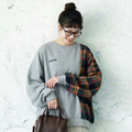 M-2XL チェック切り替えの丸首スウェット 2XL グレー