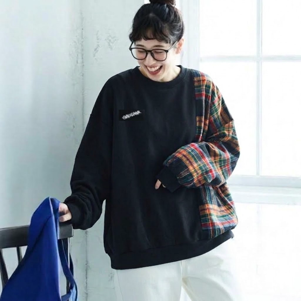 M-2XL チェック切り替えの丸首スウェット 2XL ブラック