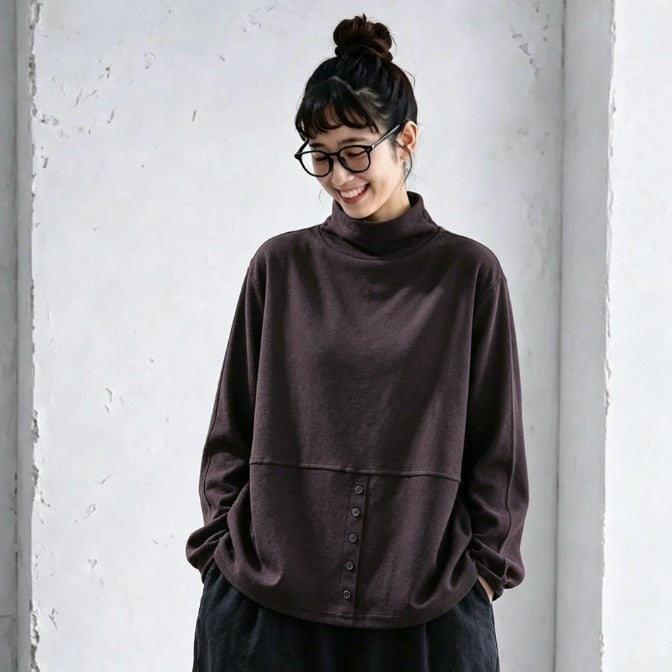L-5XL ハーフネック バックボタン ルーズ レトロ 長袖 Ｔシャツ 5XL ダークパープル