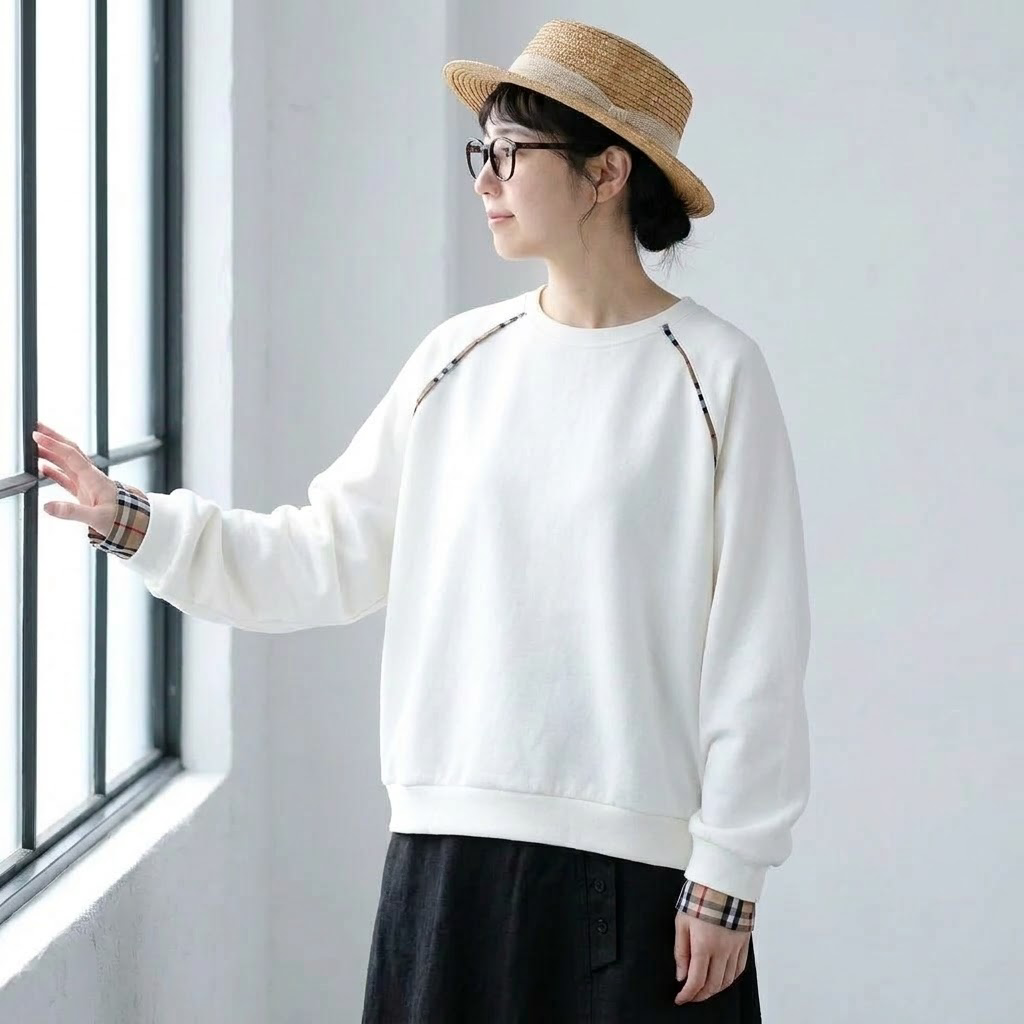 S-3XL チェック切り替え  シンプル ラウンドネック パーカー S ホワイト
