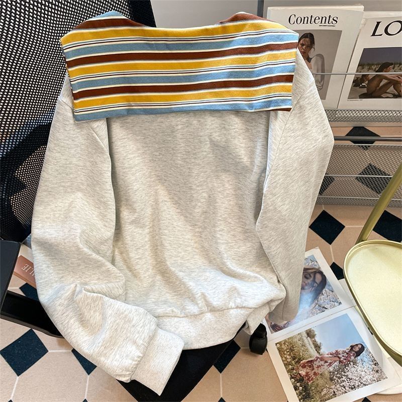 M-3XL  配色 長袖 清楚見え セーラー襟 甘めな印象 Tシャツ M 写真通り