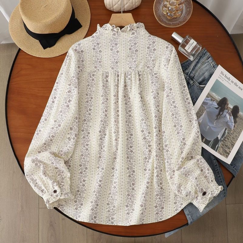 M-XL 新作発売！ ボタン フリル 長袖 花柄 コットン  シャツ M アイボリー