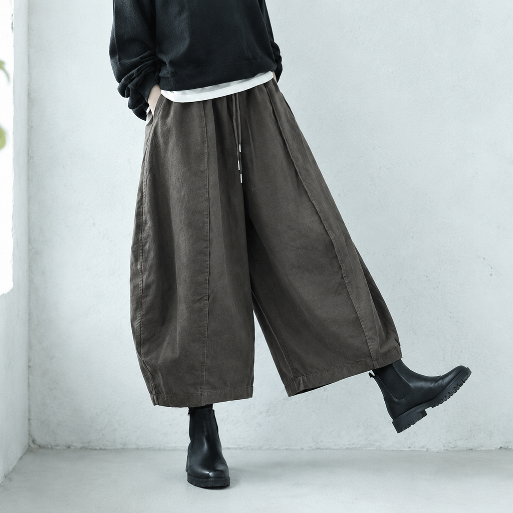 M-2XL ウエストゴム ドローコード 切り替えデザイン 九分丈 ワイドパンツ M ブラック