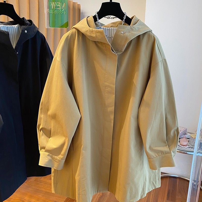 L-4XL ゆるさがちょうどいい フードのトレンチコート L ブラック