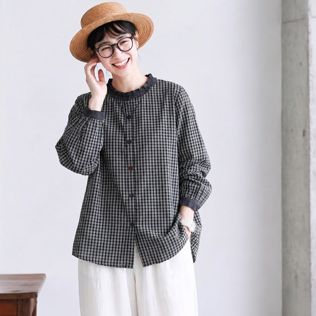 S-XL 好印象MAX♡シングルブレスト 森ガール 切り替え フリル 長袖 シャツ S 写真通り