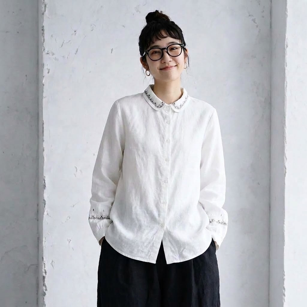 M-L 新作発売！ ランタンスリーブ 無地 長袖 刺繍 パフカラー シングルブレスト レトロ シャツ M ネイビー