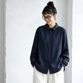 M-L 新作発売！ ランタンスリーブ 無地 長袖 刺繍 パフカラー シングルブレスト レトロ シャツ L ネイビー