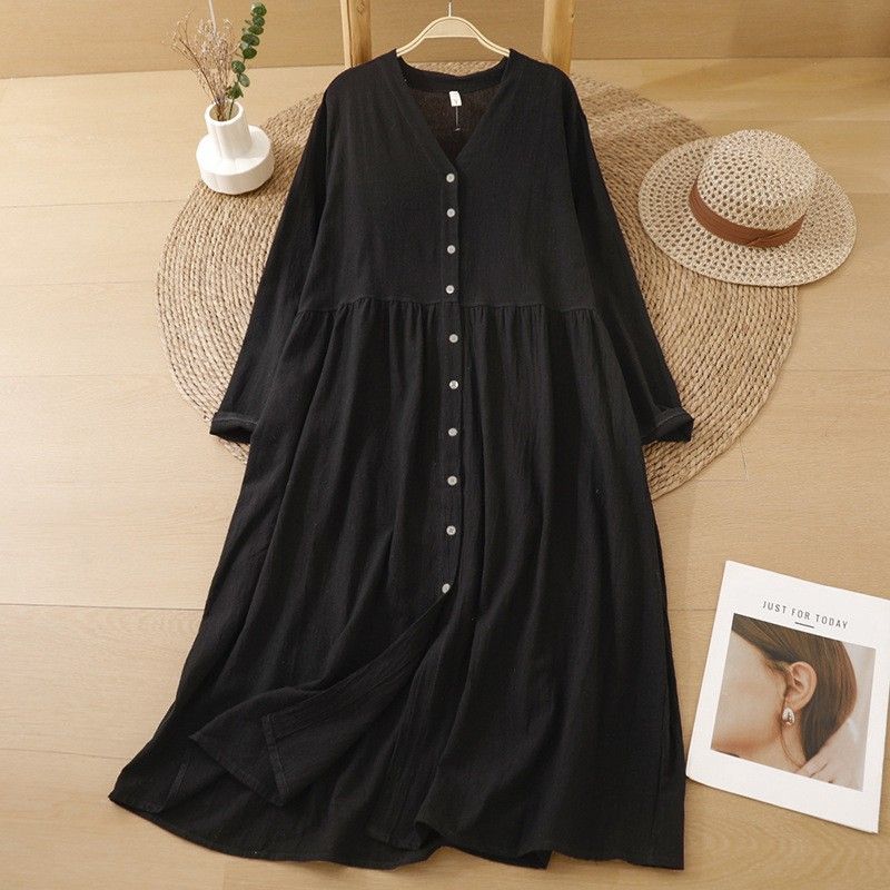 M-2XL V ネック 前ボタン ギャザーデザイン ゆったり レトロ カジュアル 長袖 ロングワンピース M 写真通り